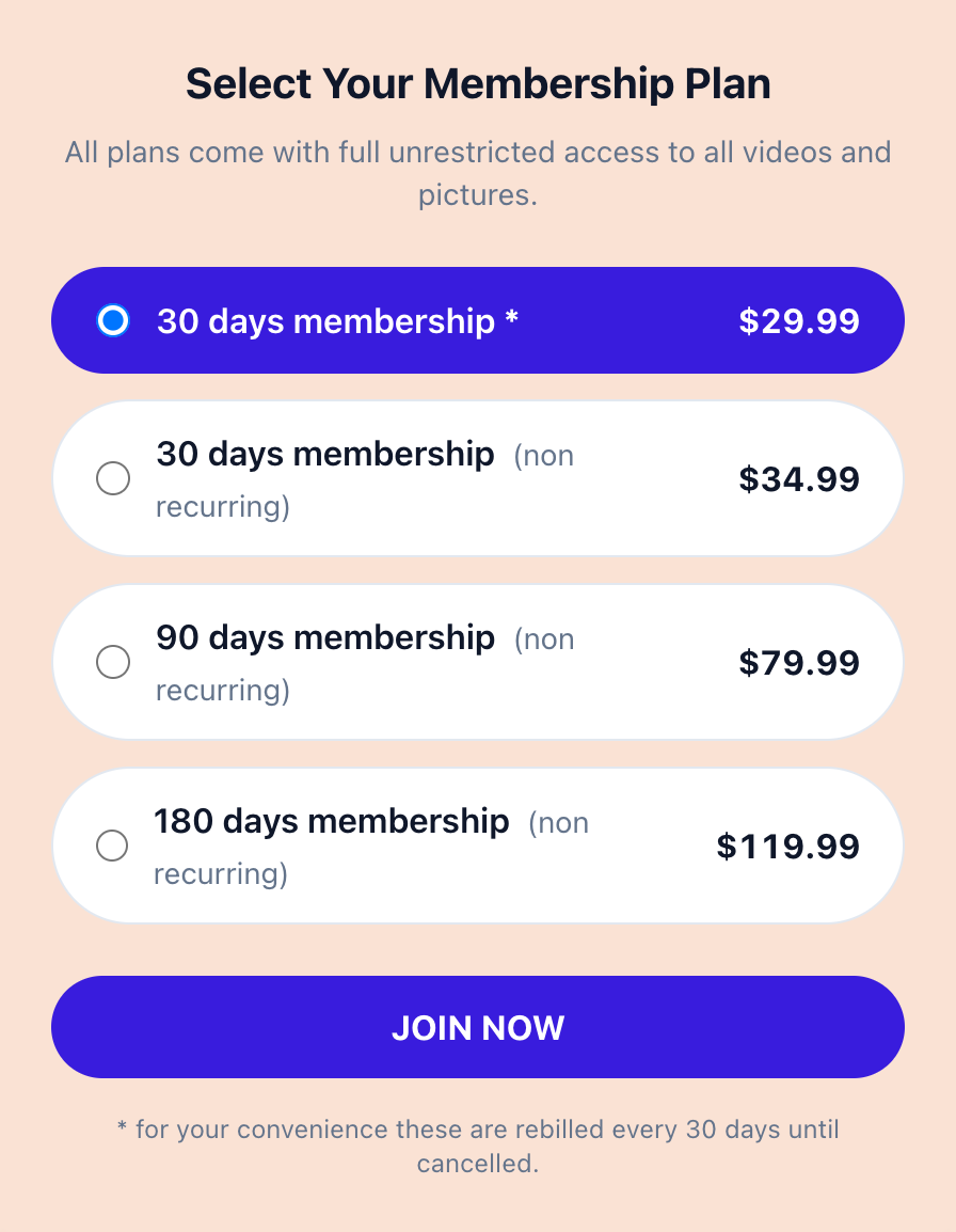 Membership plans on a live join page